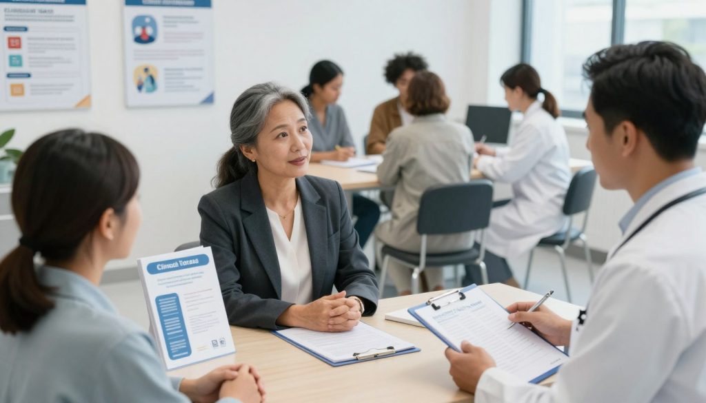 A clinical trial enrollment process scene featuring a diverse group of participants and healthcare professionals in a modern, well-lit medical office. In the foreground, a middle-aged woman in smart business attire discusses with a professional-looking man holding a clipboard, conveying a sense of engagement and trust. The middle layer shows a display of informative posters on clinical trials, and a patient-friendly brochure on a table. In the background, other individuals are seated, filling out forms or consulting with staff, creating a collaborative and welcoming atmosphere. The lighting is bright yet soft, enhancing the sense of professionalism and hope. The angle captures the dynamic interaction between participants and staff while maintaining focus on the enrollment process. The overall mood is encouraging and empowering, reflecting the journey of individuals taking steps towards participation in clinical research.