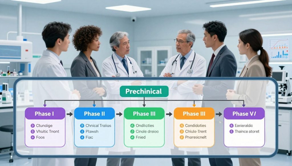 A detailed illustration of the clinical trial progression, featuring a flowchart-style design. In the foreground, depict a large, clear display screen showcasing the various phases of clinical trials, including Preclinical, Phase I, Phase II, Phase III, and Phase IV, each with distinct colors and icons to represent key activities. In the middle ground, include a group of diverse professionals in business attire discussing the graphic: a researcher, a doctor, and a patient advocate, all engaged in a serious discussion. The background features a modern, well-lit clinical research facility with photos of laboratory equipment and research graphs on the walls. The lighting is bright and clinical, evoking a sense of professionalism and innovation. The overall mood is informative and collaborative, capturing the essence of clinical research.