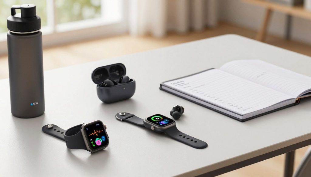 A modern and sleek workspace showcasing an array of health and wellness gadgets. In the foreground, a high-tech smartwatch with a vibrant display sits next to a fitness tracker featuring heart rate and sleep monitoring capabilities. A smart water bottle with hydration reminders is also visible. In the middle ground, an advanced pair of wireless earbuds rests on a minimalist desk, accompanied by a digital fitness journal for tracking progress. The background is blurred, highlighting a serene room with soft, natural lighting streaming through a window, creating a calming atmosphere. The overall mood is inspiring and motivating, emphasizing innovation and the potential of wearable technology in fitness. The camera angle is slightly above eye level, focusing on the gadgets to capture their advanced features effectively.