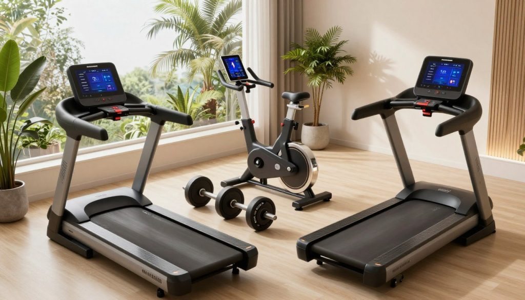 A modern and stylish home gym setup featuring an array of connected workout devices. In the foreground, display a sleek, smart treadmill with a digital interface, paired with a set of interactive free weights that sync with an app. In the middle, include a high-tech stationary bike with an adjustable screen showing workout stats and a tablet holder. The background should showcase a large window letting in natural light, surrounded by indoor plants for a refreshing atmosphere. Use soft, ambient lighting to create a motivating and inviting space. Capture the scene with a slight overhead angle to emphasize the gym's organization and technology. The overall mood should be energetic yet serene, perfect for home fitness innovation.