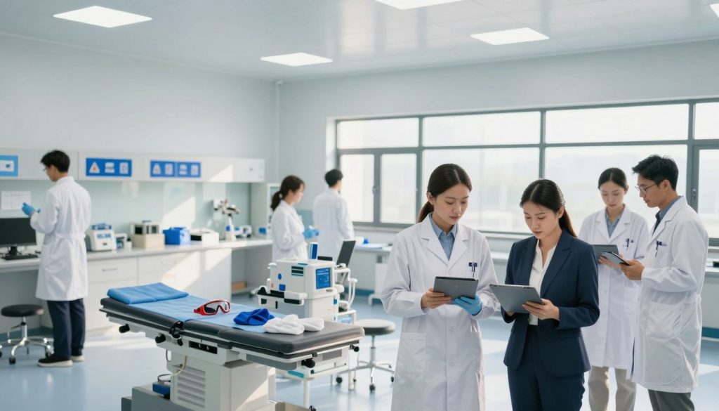 A modern clinical trial facility interior showcasing stringent safety measures. In the foreground, a diverse team of researchers, dressed in professional lab coats and business attire, carefully reviewing safety protocols on digital tablets. In the middle, a high-tech examination area with clearly marked safety zones, medical equipment, and safety gear, such as gloves and goggles neatly arranged for use. The background features large windows allowing natural light to flood the space, casting soft shadows that create a professional yet warm atmosphere. The environment is clean, spacious, and organized, emphasizing the importance of participant safety. The overall mood is focused and vigilant, reflecting a commitment to maintaining high safety standards in clinical trials. The image is captured with a slight wide-angle lens to provide a comprehensive view of the workspace.