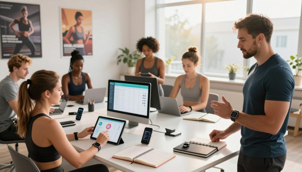 A modern fitness workspace featuring a diverse group of individuals dressed in modest athletic attire, collaborating on creating fitness goals using various technology devices like smartwatches, tablets, and fitness apps displayed on screens. In the foreground, a man standing, gesturing with a smartwatch in his hand, while a woman seated with a tablet analyzes fitness data. The middle ground showcases a sleek, well-lit desk cluttered with fitness journals and state-of-the-art gadgets. The background features motivational posters and a large window allowing natural light to stream in, casting a warm glow over the scene. The atmosphere is energetic and focused, highlighting the fusion of technology and personal fitness aspirations. Use a wide-angle lens to capture the dynamic energy and collaborative spirit of fitness tracking.