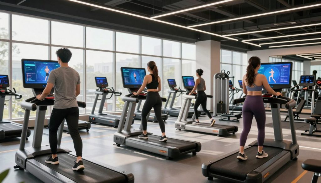 A modern gym environment showcasing advanced AI fitness solutions. In the foreground, a diverse group of three individuals in professional athletic wear are engaged with interactive smart screens displaying workout metrics and AI-generated exercise suggestions. The middle ground features sleek fitness equipment equipped with digital interfaces and sensors, highlighting the blend of technology and physical training. In the background, large windows allow natural light to flood the space, casting gentle shadows. The atmosphere is energetic and motivating, with a focus on innovation and personal fitness. Ideal lens would be a wide-angle to capture the full vibrancy of this high-tech fitness environment.