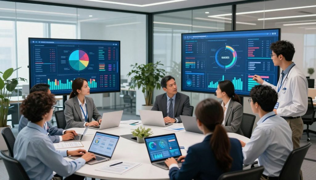 A modern healthcare analytics solutions workspace, showcasing a sleek, high-tech environment. In the foreground, a diverse group of professionals in business attire, including both men and women of various ethnicities, collaboratively reviewing colorful data visualizations displayed on large digital screens. The middle section features a round conference table cluttered with tablets and laptops, with graphs and charts vividly illustrating evidence-based healthcare outcomes. In the background, a bright and airy office space with glass walls, plants, and soft natural lighting creating a productive atmosphere. The overall mood is one of innovation and teamwork, with a focus on data-driven decision-making in healthcare. A wide-angle lens captures the dynamic interaction among colleagues, emphasizing the importance of continuous monitoring and adjusting healthcare strategies effectively.