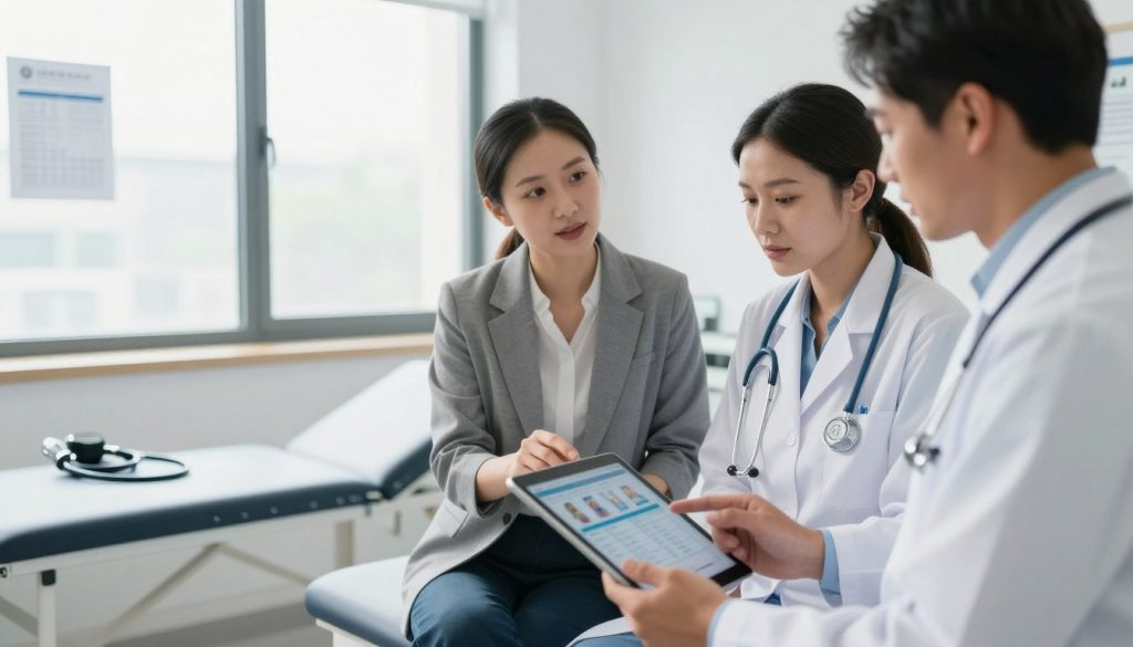 A modern healthcare environment showcasing a professional health evaluation. In the foreground, a diverse group of three healthcare professionals, dressed in smart business attire—two females and one male—are engaged in a focused discussion over a digital tablet displaying patient data. In the middle ground, a bright, well-equipped examination room with medical charts and diagnostic tools like a stethoscope and sphygmomanometer can be seen. The background features a large window with natural light pouring in, providing a sense of openness and professionalism. Soft, neutral colors enhance a calm and reassuring atmosphere, emphasizing trust and expertise in health diagnosis. The image should be framed in a slightly elevated angle to capture the intensity and collaboration among the professionals, while maintaining a clean and organized setting.