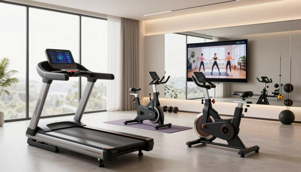 A modern home gym setup showcasing advanced exercise gadgets, prominently displayed in the foreground. A high-tech treadmill with a touchscreen interface, a compact smart stationary bike, and innovative resistance bands are neatly arranged. In the middle ground, a wall-mounted smart mirror reflects a digital fitness class, with adjustable weights and a yoga mat nearby. The background features large windows allowing natural light to flood in, illuminating the space. Soft, ambient lighting enhances the atmosphere, creating a motivating and energizing environment. The scene conveys a sense of innovation and connectivity, embodying the future of home fitness technology in a sleek, organized space designed for optimized workouts.