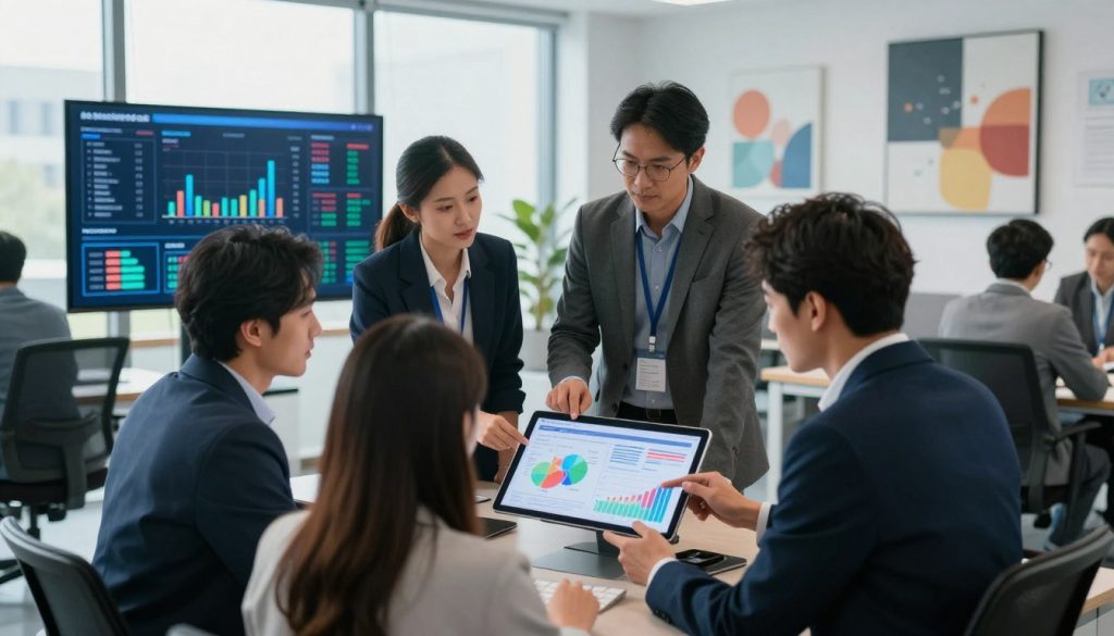 A modern office environment displaying data-driven healthcare analysis. In the foreground, a diverse group of professionals in business attire examine a large digital tablet showing colorful graphs and charts, analyzing data collaboratively. The middle layer showcases a wall-mounted screen displaying real-time healthcare statistics and data visualizations. In the background, large windows allow natural light to filter in, illuminating the space, with abstract art pieces representing innovation and progress. The mood is focused and analytical, conveying a sense of teamwork and commitment to evidence-based healthcare. The scene is captured from a slightly elevated angle to showcase the collaboration, with soft, diffused lighting creating a professional atmosphere.