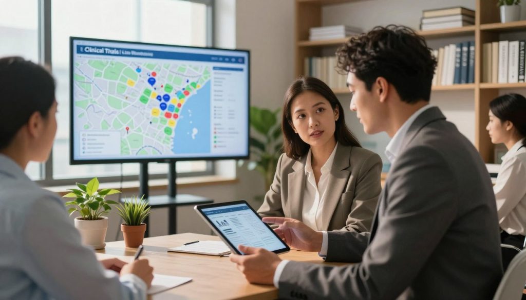 A modern office environment showcasing a diverse group of professionals discussing clinical trial options. In the foreground, a woman in a smart blazer and a man in a tailored suit are engaged in conversation, examining a digital tablet displaying medical research data. In the middle ground, a large screen features a map highlighting local clinical trial locations, surrounded by a few potted plants for a touch of warmth. The background shows shelves filled with medical books and journals, emphasizing a scholarly atmosphere. Soft, natural lighting streams in from large windows, casting a warm glow on the scene, while a slight camera tilt adds a dynamic perspective. The overall mood is collaborative and informative, reflecting the pursuit of improved health outcomes through clinical trials.