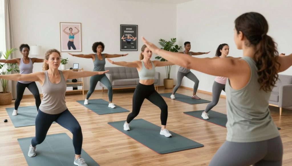 A modern virtual fitness class in action, featuring a diverse group of individuals engaged in various workouts in a well-lit home setting. In the foreground, a fitness instructor demonstrates a high-energy exercise, wearing comfortable athletic clothing. The middle ground showcases participants on their screens, following along intently; they are dressed in modest workout attire, with a variety of skill levels represented. The background includes a cozy, well-decorated living room with motivational posters about fitness on the walls and plants for a touch of nature. Soft, natural lighting creates an inviting atmosphere, with a lens focus on the instructor, blurring the participants slightly for depth. The overall mood is vibrant and inspiring, emphasizing community and health through technology.