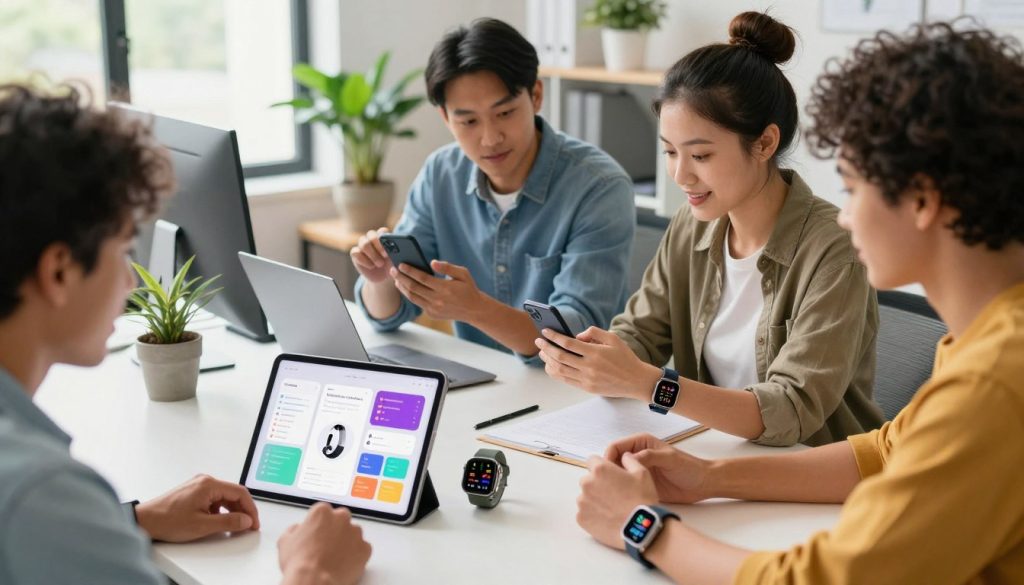 A modern workspace featuring a diverse group of professionals engaged in selecting and setting up various wearables and health tracking apps. In the foreground, a sleek smartwatch displays health metrics like heart rate and steps taken, while nearby, a tablet showcases a colorful app interface for fitness tracking. In the middle, two individuals—one wearing a fitness tracker and the other reviewing data on a smartphone—are interacting with enthusiasm, dressed in smart-casual attire. The background features a bright, airy office with potted plants and large windows allowing natural light to stream in, creating a productive atmosphere. The overall mood is innovative and focused, highlighting a blend of technology and health. The angle is slightly above eye level, capturing the dynamic workspace and emphasizing collaboration.