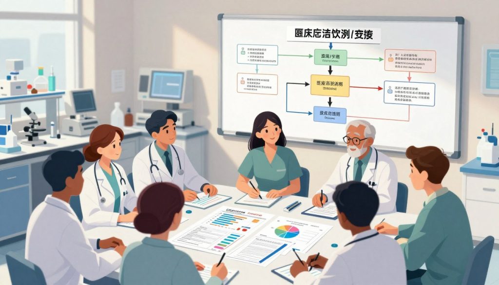 A professional and detailed illustration of a clinical study design in a modern research setting. In the foreground, a diverse group of medical researchers, dressed in professional attire, is engaged in a discussion around a large table covered with charts, graphs, and patient consent forms. The middle section features a large whiteboard filled with flowcharts and diagrams detailing a clinical trial process. In the background, softly lit lab equipment is arranged, symbolizing the high-tech nature of clinical research. The lighting is bright yet warm, creating an inspiring atmosphere of collaboration and innovation. The image is captured from a slightly elevated angle, giving an overview of the dynamic interaction among the researchers.