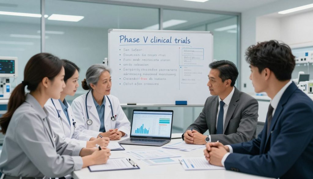 A professional and informative scene illustrating the concept of Phase IV clinical trials and ongoing monitoring. In the foreground, a diverse group of four healthcare professionals, dressed in professional business attire, are collaborating over a large table covered with clinical trial data papers and a laptop displaying graphs and charts. The middle ground features a whiteboard filled with key points about patient safety and efficacy monitoring. In the background, a modern, well-lit hospital setting with glass walls, and an array of medical equipment can be seen. Soft, natural lighting enhances the atmosphere of professionalism and collaboration, while a slightly elevated angle offers a comprehensive view of the interaction, emphasizing teamwork and diligence in ongoing patient care.