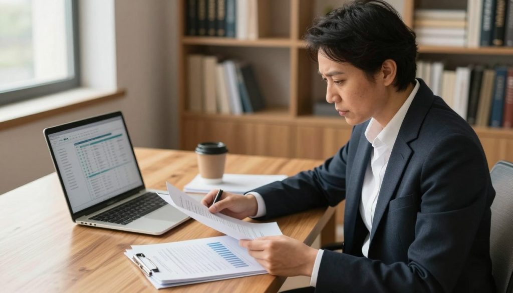 A professional health researcher, dressed in smart business attire, thoughtfully examining a stack of medical research papers and reports on a sleek wooden desk in a well-lit office. The foreground features the researcher, with focused eyes, looking over a highlighted study. In the middle, the desk is organized with a laptop open to data analytics and a coffee cup beside it. In the background, shelves filled with medical books and journals create an atmosphere of knowledge and professionalism. Soft, natural light from a window casts a warm glow, enhancing the serious mood of evaluation and inquiry into personal health. The composition is captured from an angle slightly above eye level, emphasizing the researcher's engaged expression and the importance of informed decision-making.