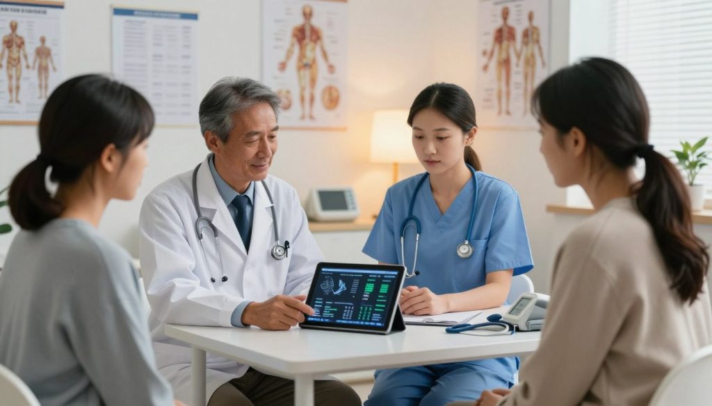 A professional healthcare setting showcasing a medical condition assessment in progress. In the foreground, a diverse group of health professionals, including a doctor in a white coat, a nurse in scrubs, and a patient in modest casual clothing, engaging in a discussion around a digital tablet displaying medical data. In the middle, an examination room with medical charts and anatomical posters on the walls, emphasizing a caring and professional atmosphere. The background features medical equipment such as a stethoscope, a blood pressure monitor, and a lamp providing soft, warm lighting that enhances the focus on the analysis. The scene conveys a sense of urgency and expertise, with a calm and reassuring mood, highlighting the importance of recognizing when expert health analysis is needed.