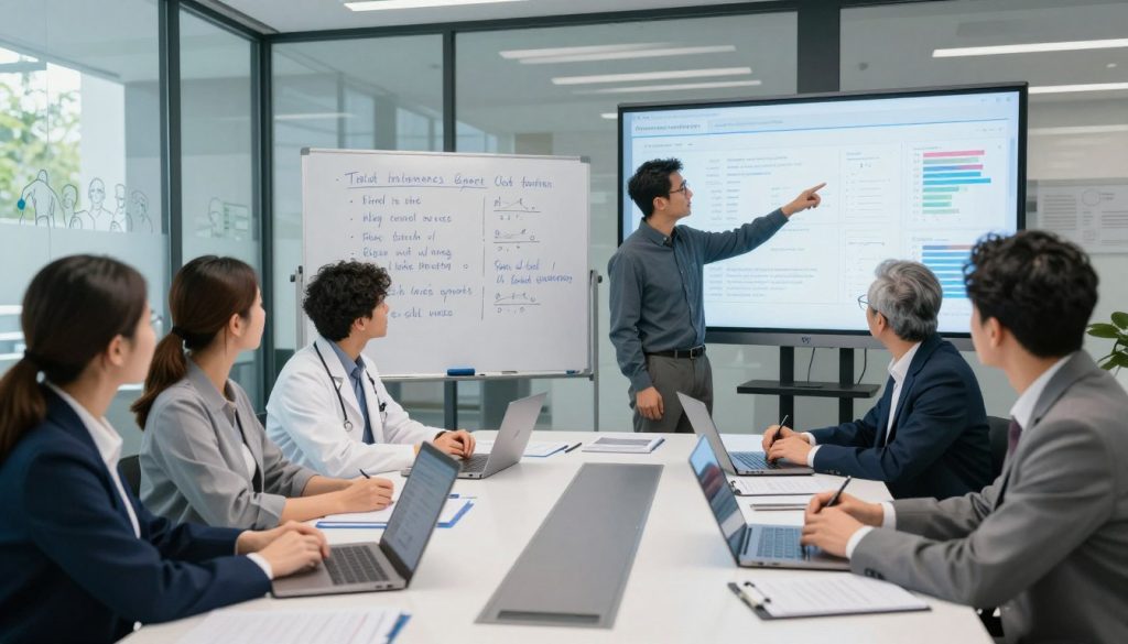 A professional setting in a spacious, well-lit conference room, where a diverse group of researchers and medical professionals, dressed in smart business attire, are gathered around a sleek, modern table filled with laptops, papers, and visual data charts. In the foreground, a focused individual is pointing at a large, projected graph showcasing trial results, while colleagues engaged in discussion lean in, taking notes and analyzing the data collaboratively. The middle of the image features a whiteboard filled with key results and interpretations written in clear, concise bullet points. The background reveals glass walls with medical diagrams and a serene nature view outside, contributing to a calm yet productive atmosphere. The lighting is bright and inviting, capturing a sense of professionalism and teamwork in evidence-based medical research.