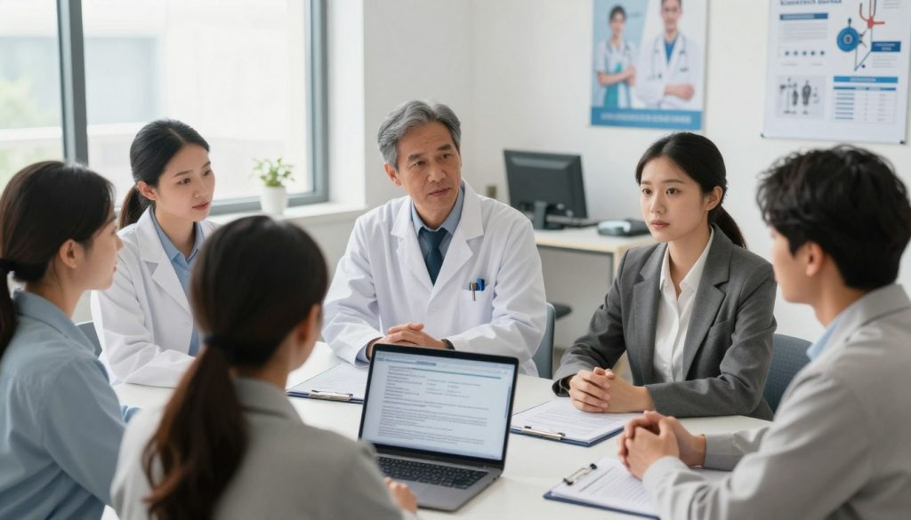 A professional setting showcasing the informed consent process for clinical trials. In the foreground, a diverse group of individuals, including a researcher in a lab coat and participants dressed in professional business attire, are engaged in a serious discussion around a table. The middle ground features documents detailing consent forms and a laptop displaying presentation slides. The background consists of a well-lit office environment with medical research posters on the walls and soft, natural light streaming in through large windows. The atmosphere conveys professionalism and transparency, highlighting the importance of informed consent in clinical trials. Use a slightly elevated angle to emphasize the interaction, with a focus on the expressions of understanding and trust among the participants. Natural lighting enhances the mood of collaboration and ethical responsibility.