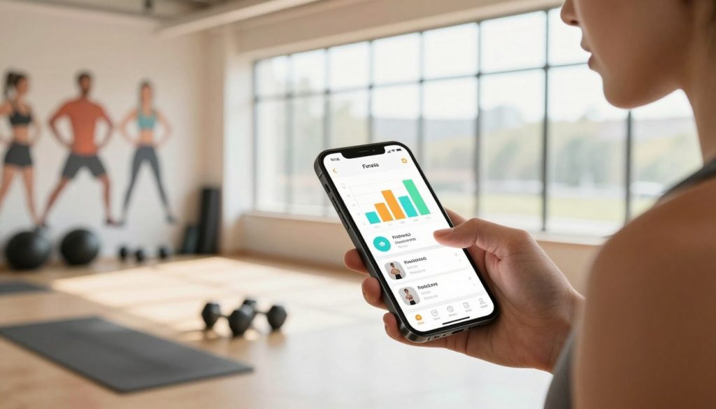 A sleek smartphone displaying a modern fitness app interface, featuring colorful charts and workout options, set against a bright, airy gym environment. In the foreground, a professional-looking individual in smart casual attire interacts with the app, their focused expression reflecting determination. In the middle ground, fitness equipment like dumbbells and yoga mats are neatly arranged, while a motivational wall mural showcasing diverse athletes inspires energy. The background includes large windows letting in natural light, creating a warm, inviting atmosphere. The scene is shot from a dynamic angle, emphasizing the app's user-friendly design and the interactive experience, evoking a sense of motivation and empowerment for fitness enthusiasts.