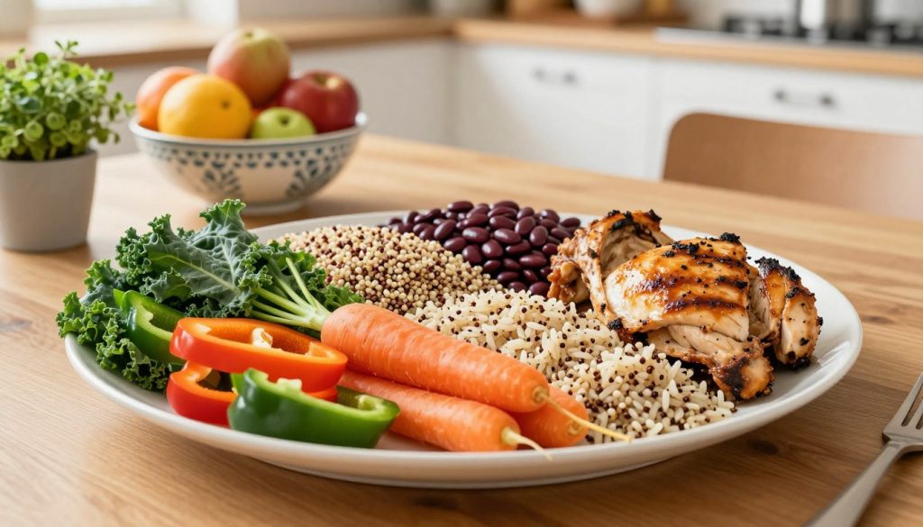 A vibrant and inviting nutrient-rich eating plan displayed on a wooden dining table. In the foreground, colorful and fresh vegetables such as bell peppers, kale, and carrots are beautifully arranged on a white porcelain plate. In the middle, a variety of whole grains like quinoa and brown rice, along with a selection of lean proteins like grilled chicken and legumes, create an appealing spread. In the background, a bright kitchen with soft, natural lighting highlights fresh fruits in a decorative bowl and herbs in pots, conveying a sense of health and vitality. The scene is warm and welcoming, exuding an atmosphere of well-being and nourishment, captured from a top-down angle to showcase the beautifully plated food without any text or distractions.
