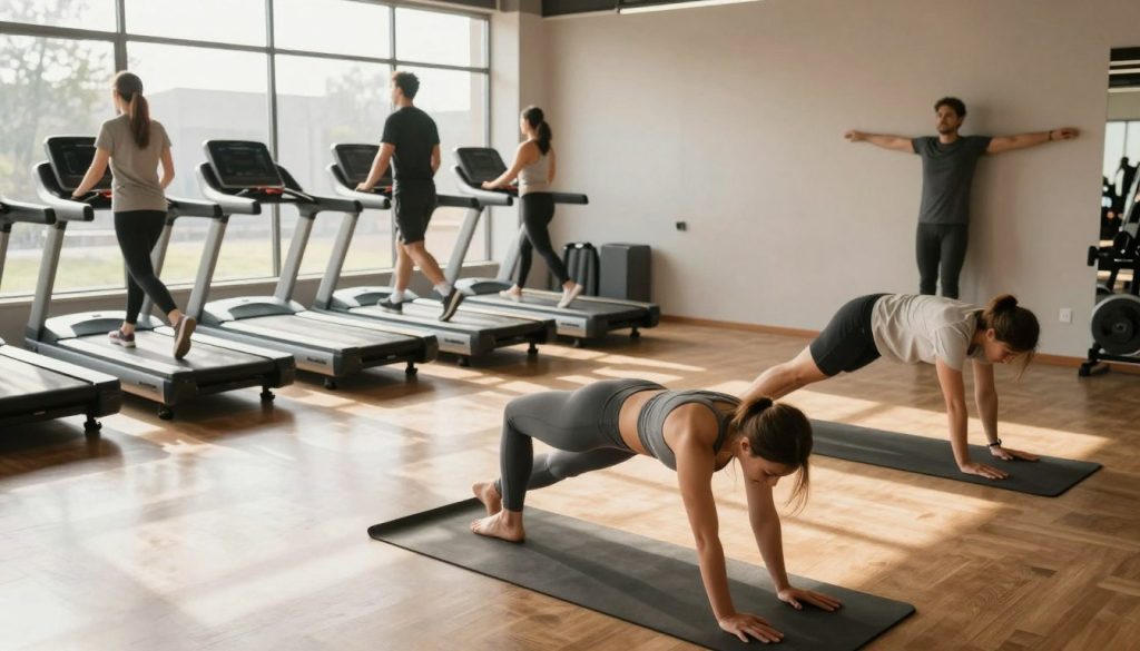A vibrant and motivating indoor gym setting, showcasing a diverse group of individuals engaged in various exercises. In the foreground, a woman in modest athletic attire performs yoga on a mat, demonstrating balance and mindfulness. Next to her, a man lifts weights, embodying strength training. In the middle ground, a person is using a treadmill, while another is stretching against a wall, emphasizing flexibility. The background features large windows that let in natural light, creating a bright and energetic atmosphere. The warm sunlight casts soft shadows, enhancing the feeling of wellness and activity. The mood is uplifting and encouraging, radiating a sense of community and healthy living. The camera angle is slightly elevated to capture the dynamic movements of the individuals while providing an inviting view of the gym environment.