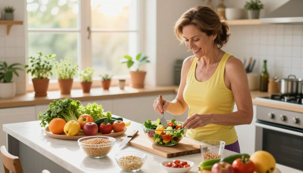 A vibrant kitchen scene depicting healthy lifestyle changes, with a well-organized countertop featuring fresh fruits and vegetables, whole grains, and lean proteins. In the foreground, a middle-aged woman in a bright, modest workout outfit prepares a colorful salad, smiling with enthusiasm. On the kitchen table, there are tools like a cutting board, knife, and measuring cups, suggesting meal prep. In the middle background, a large window lets in warm, natural sunlight, illuminating a small indoor herb garden. The atmosphere feels energetic and inviting, promoting positivity and wellness. Capture this scene in a soft-focus style with a slightly elevated angle to highlight both the preparation process and the abundance of healthy food. The overall mood should convey optimism and motivation towards adopting a healthier lifestyle.